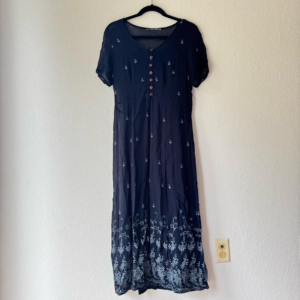 Vintage Navy Blue Embroidered Sheer Layered  Maxi Dress Size L